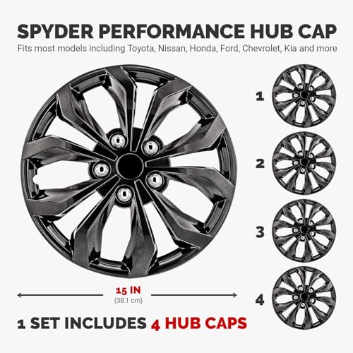 Pilot WH555-15GM-B Grey Hubcap Wheel Covers For Cars - Set Of 4 - Fits Most Cars