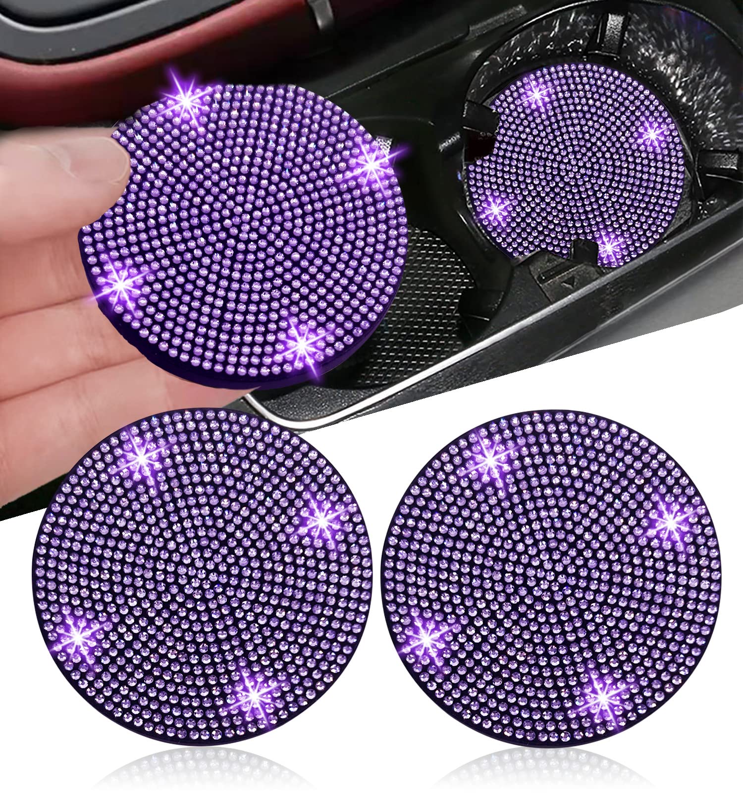 2pcs Bling Car Cup Holder Coaster Anti-Slip Shockproof Universal Fashion Vehicle Accessories for Women (2 pcs, Purple Vi